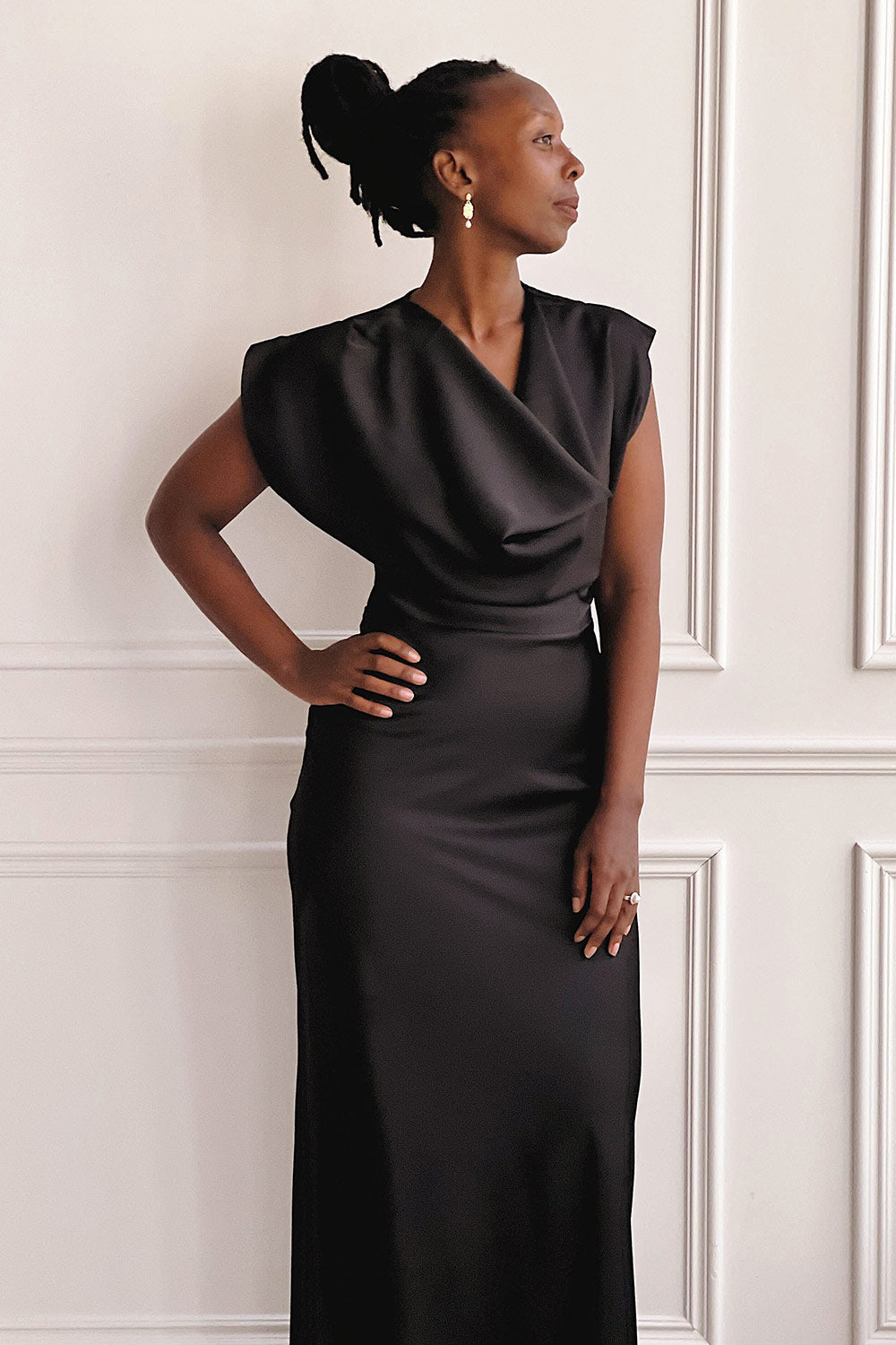 Korpa Black Satin Maxi Dress w/ Cowl Neck | Boutique 1861  model