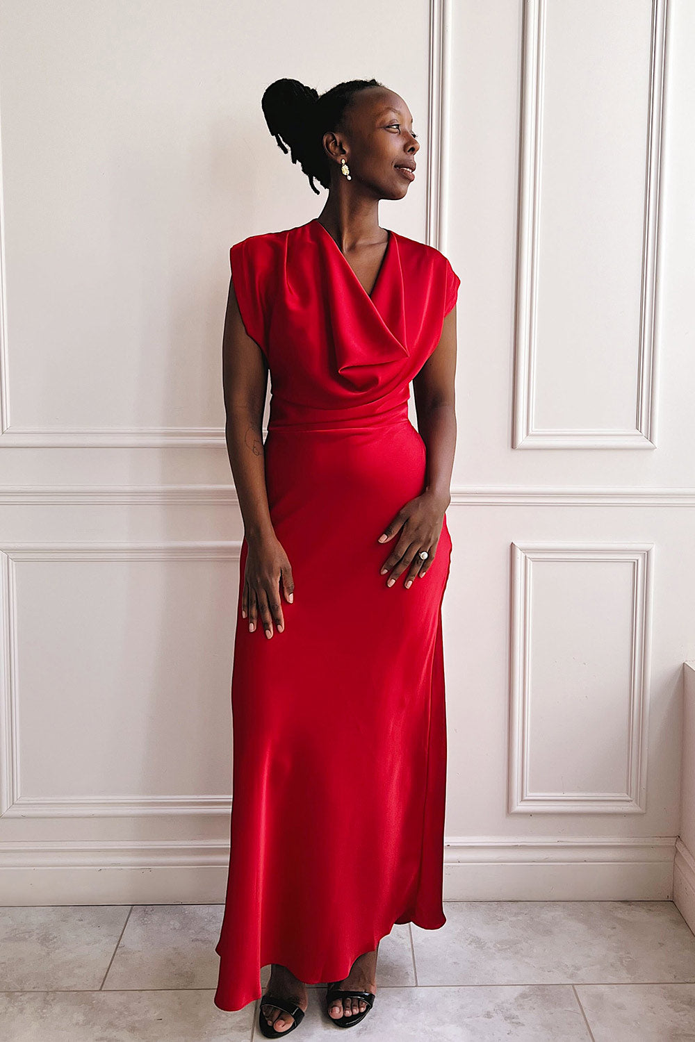 Korpa Red Satin Maxi Dress w/ Cowl Neck | Boutique 1861 model