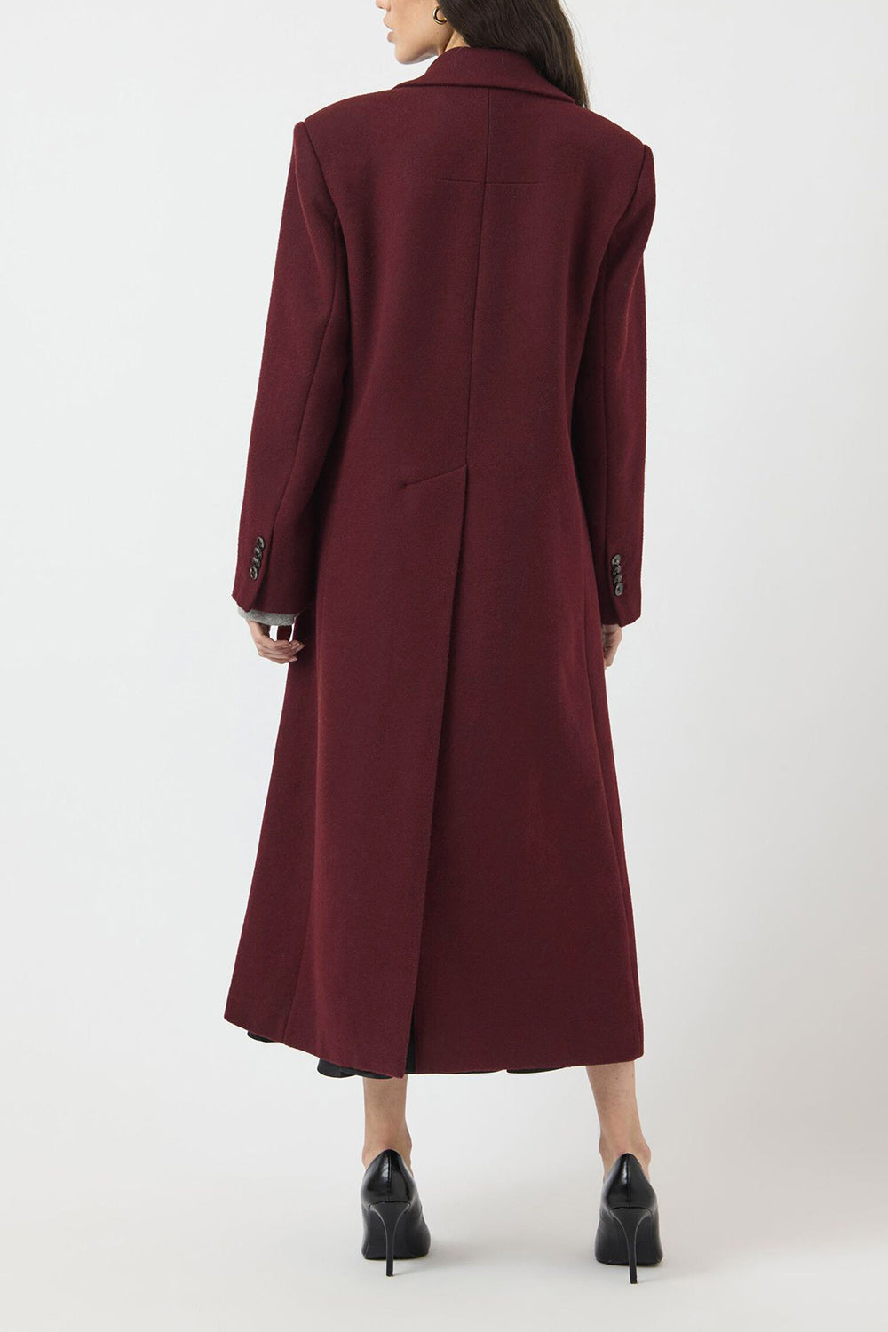 Lagos Long Burgundy Coat with Lapel Collar | La petite garçonne back model