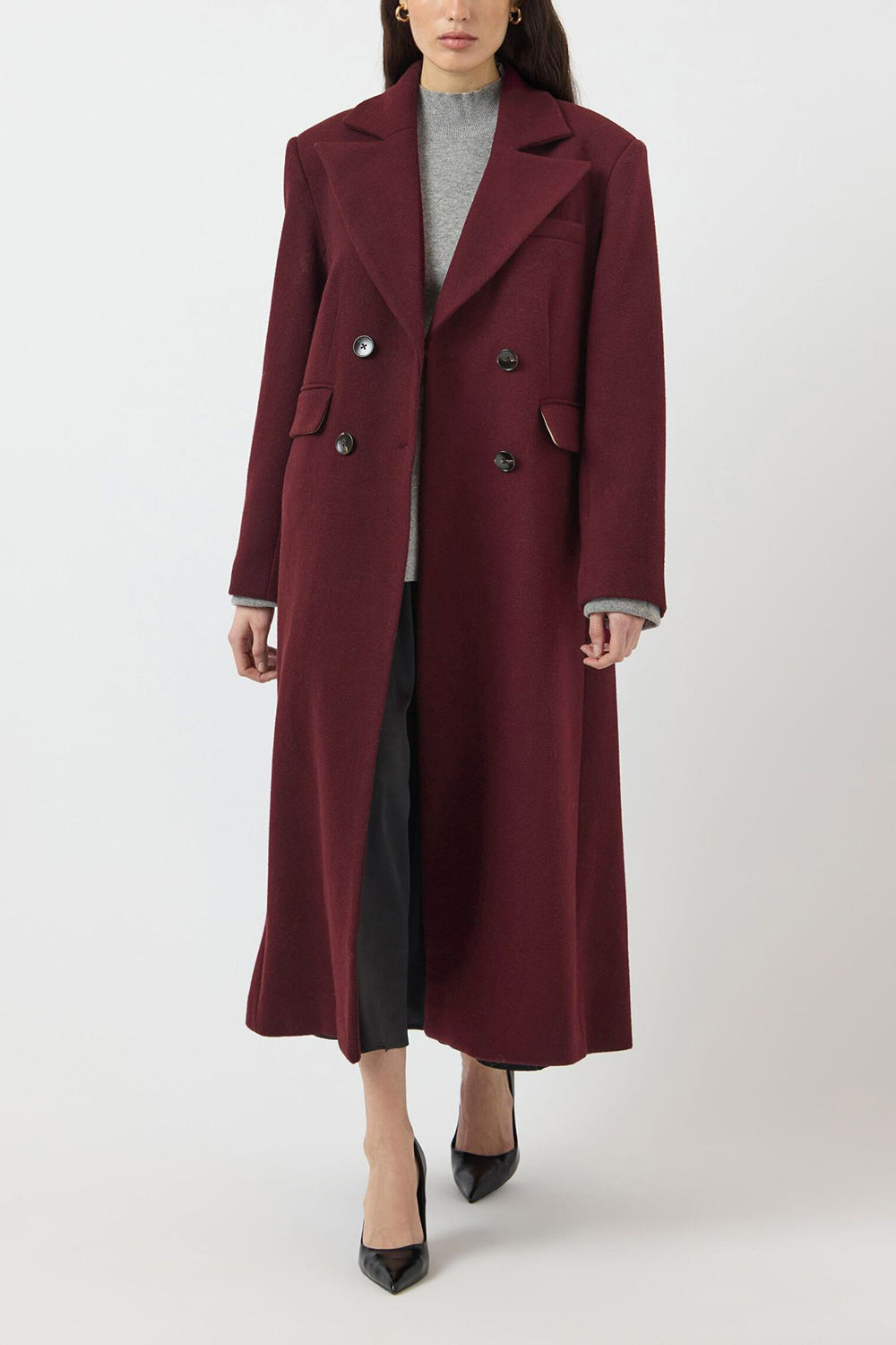 Lagos Long Burgundy Coat with Lapel Collar | La petite garçonne open model