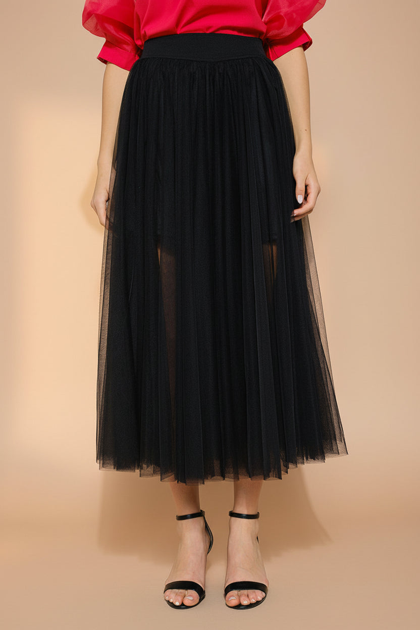 view of a woman wearing Laurelia Black Maxi Tulle Low Rise Skirt from Boutique 1861 