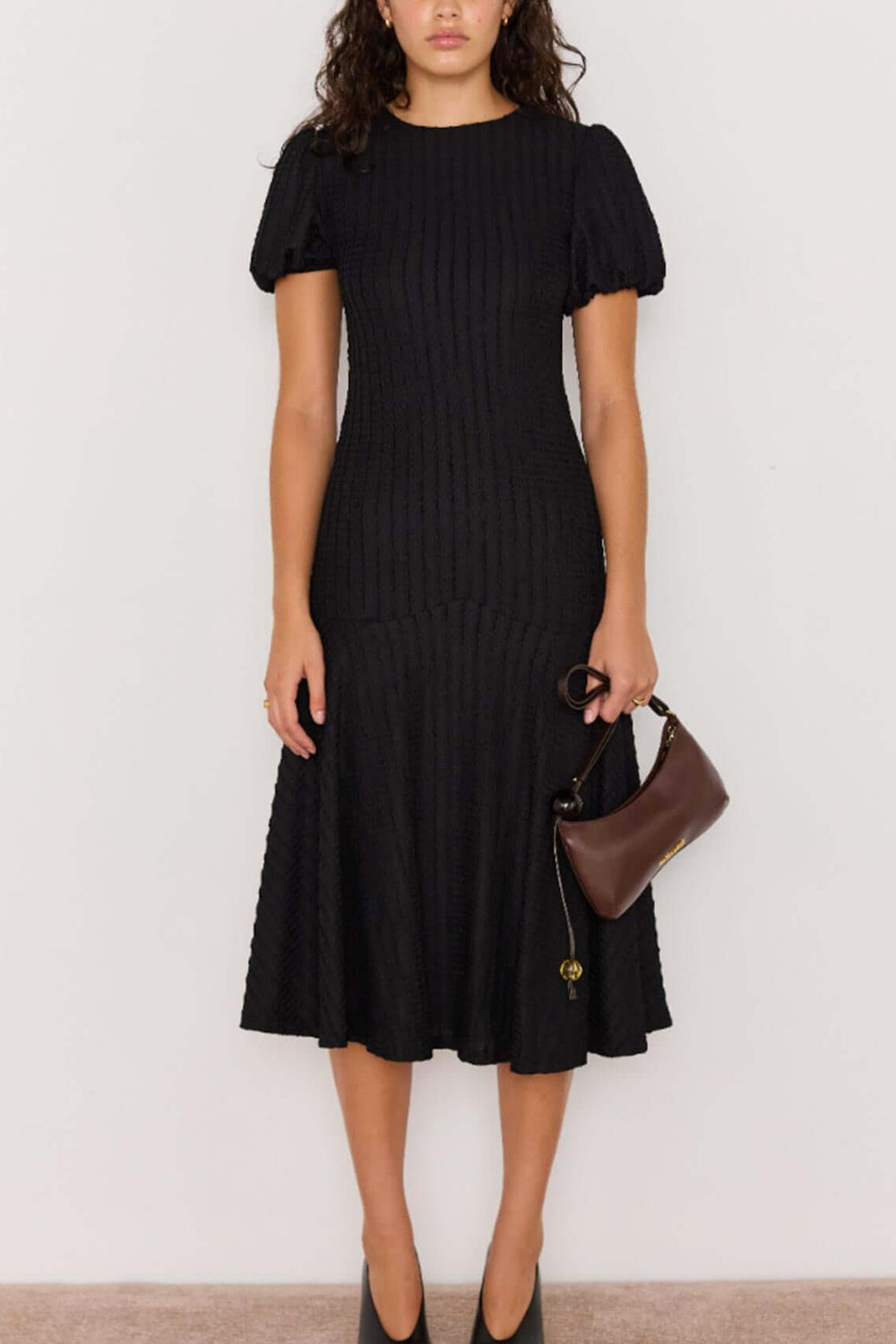 Lenexa Black Midi Dress with Puff Sleeves | La petite garçonne front model