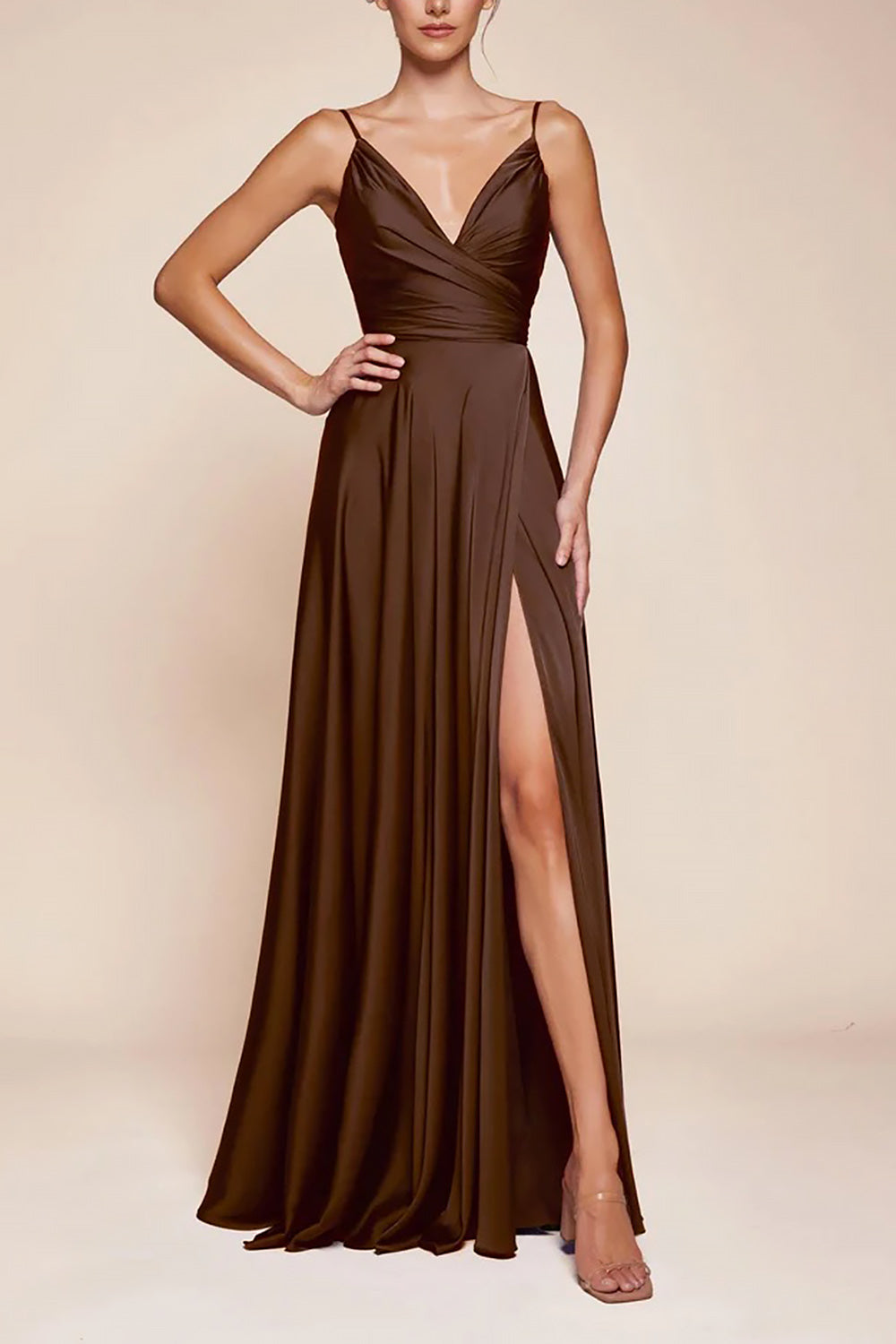 a woman wearing Lizza Brown Satin Maxi Dress with Slit from Boutique 1861
