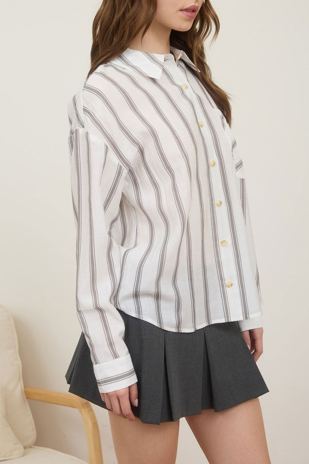 Woman wearing Loubinette Oversized Striped Shirt from La petite garçonne side