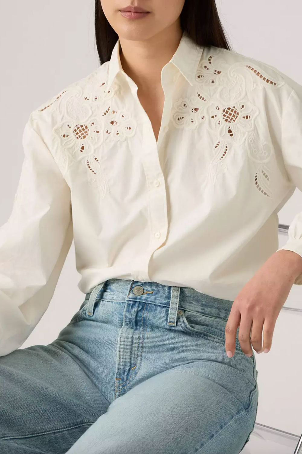 Woman wearing Laredo White Shirt with Openwork Details from La petite garçonne front 