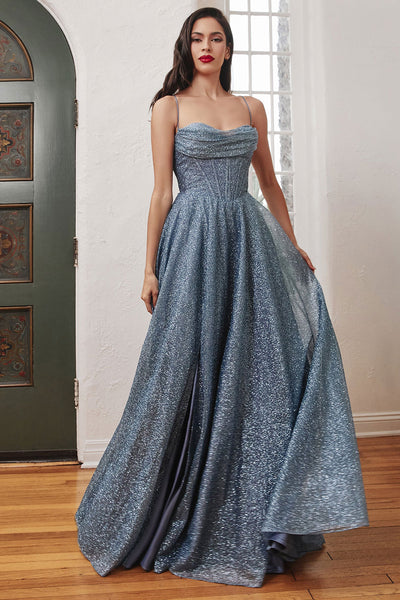 Lexy Blue Grey Sparkly Cowl Neck Maxi Dress | Boutique 1861 on model 2