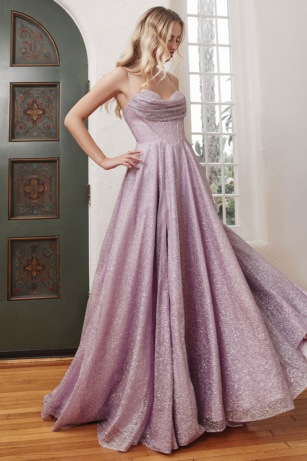 Lexy Lilac Sparkly Cowl Neck Maxi Dress | Boutique 1861 on model 2