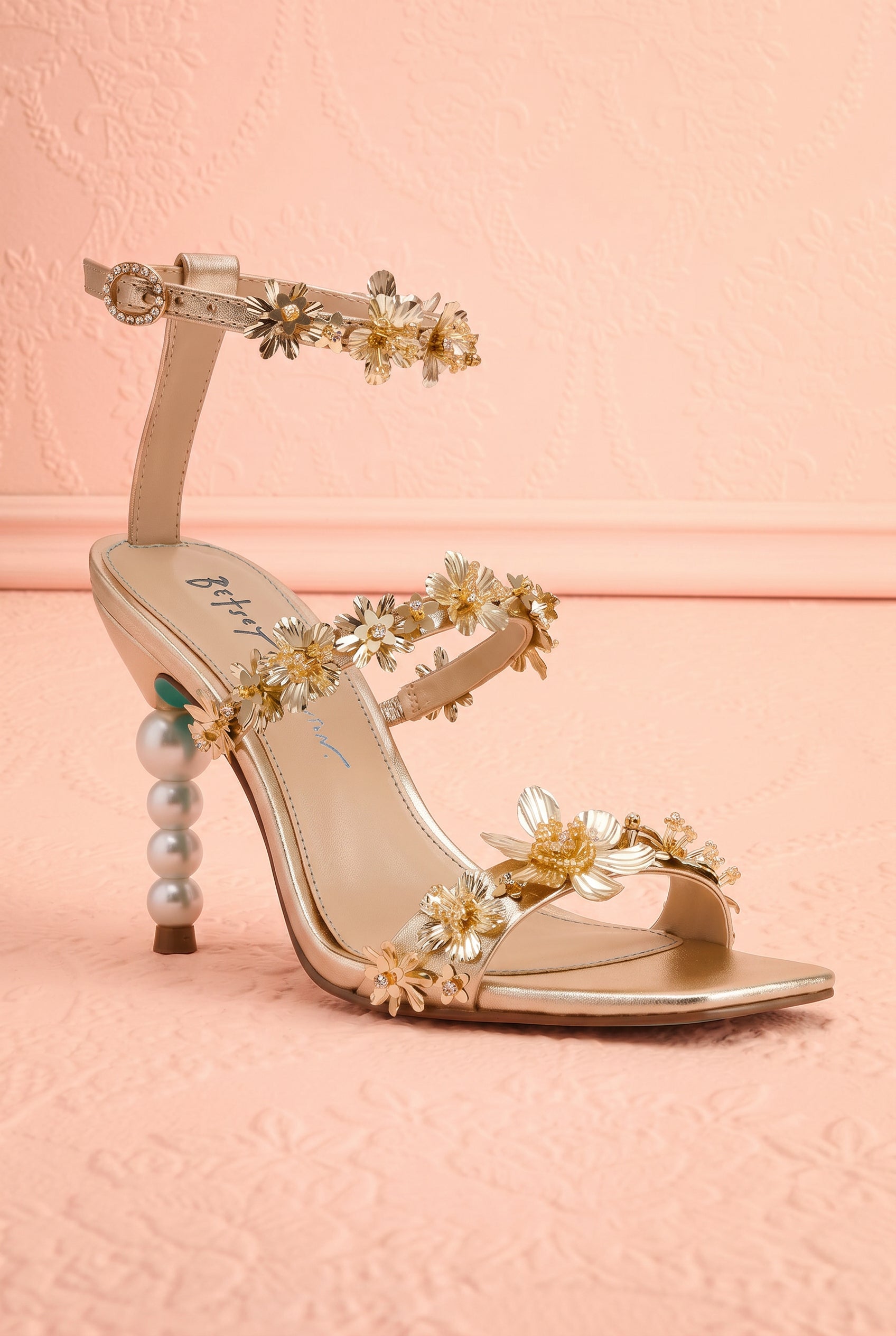 Profile Lorra Gold Floral Sandals with Pearl Heel from Betsey Johnson at boutique 1861