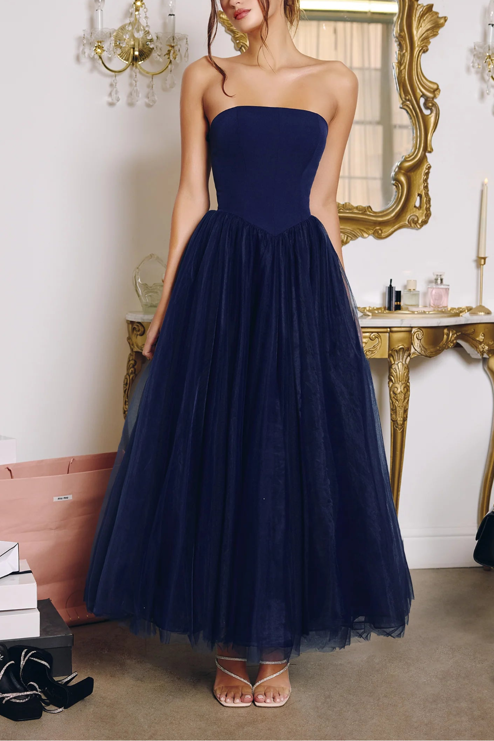 Makoto Navy Maxi Strapless A-Line Dress | Boutique 1861 front view on model