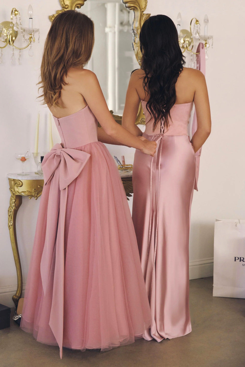 Makoto Pink Maxi Strapless A-Line Dress | Boutique 1861 back view on model