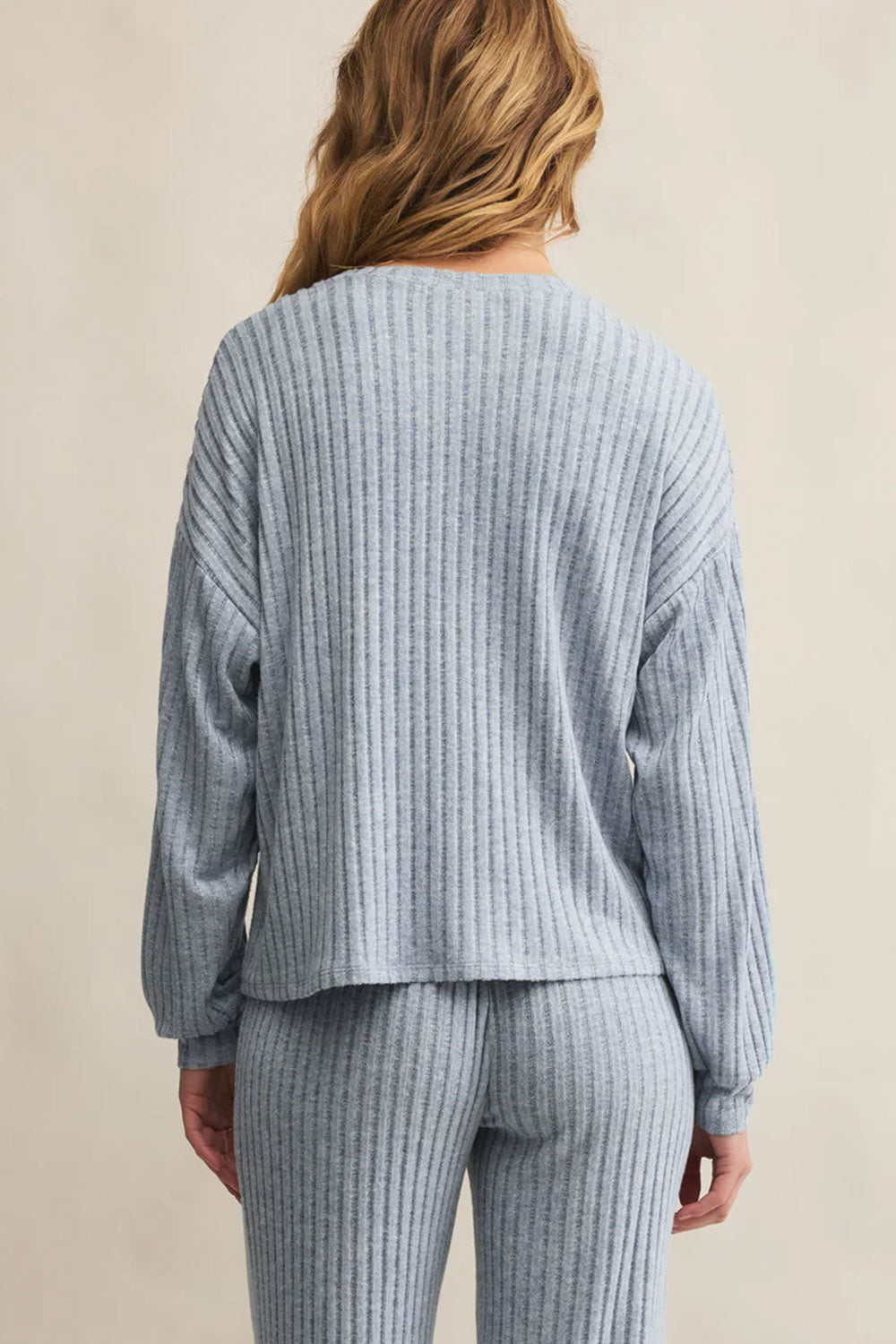 Woman wearing Mandal Blue Soft Ribbed Knit Top from La petite garçonne backview