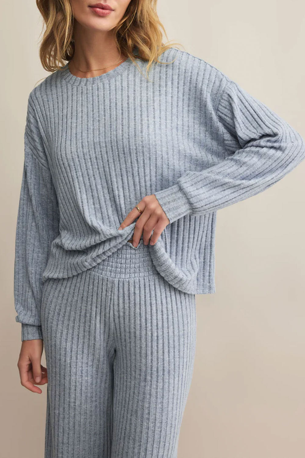 Woman wearing Mandal blue Soft Ribbed Knit Top from La petite garçonne frontview