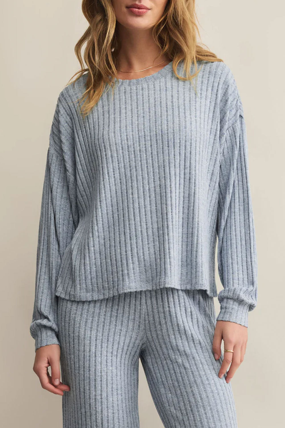 Woman wearing Mandal Blue Soft Ribbed Knit Top from La petite garçonne Frontview