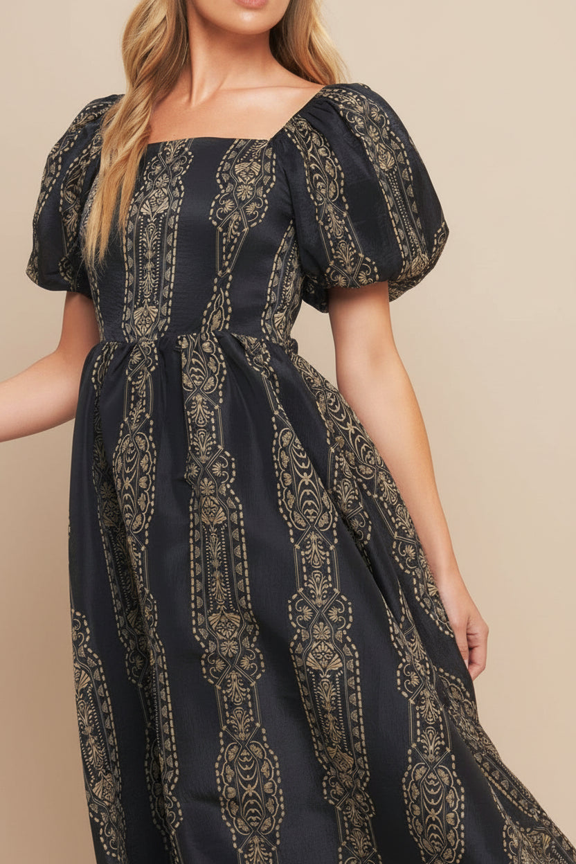 side of a woman wearing Marcie Midi Dress with Puffs Sleeves from Boutique 1861