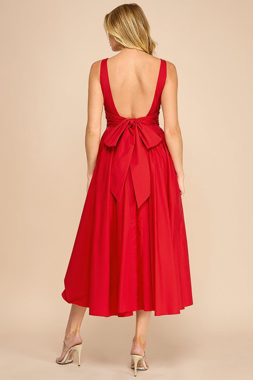 Mariah A-Line Midi Red Dress with Ribbons at Back | Boutique 1861 back model