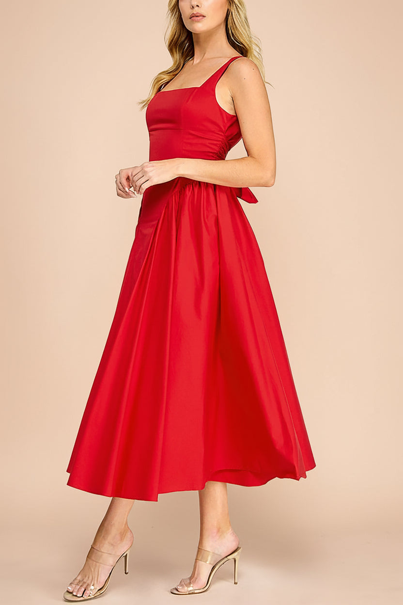 Mariah A-Line Midi Red Dress with Ribbons at Back | Boutique 1861 side model