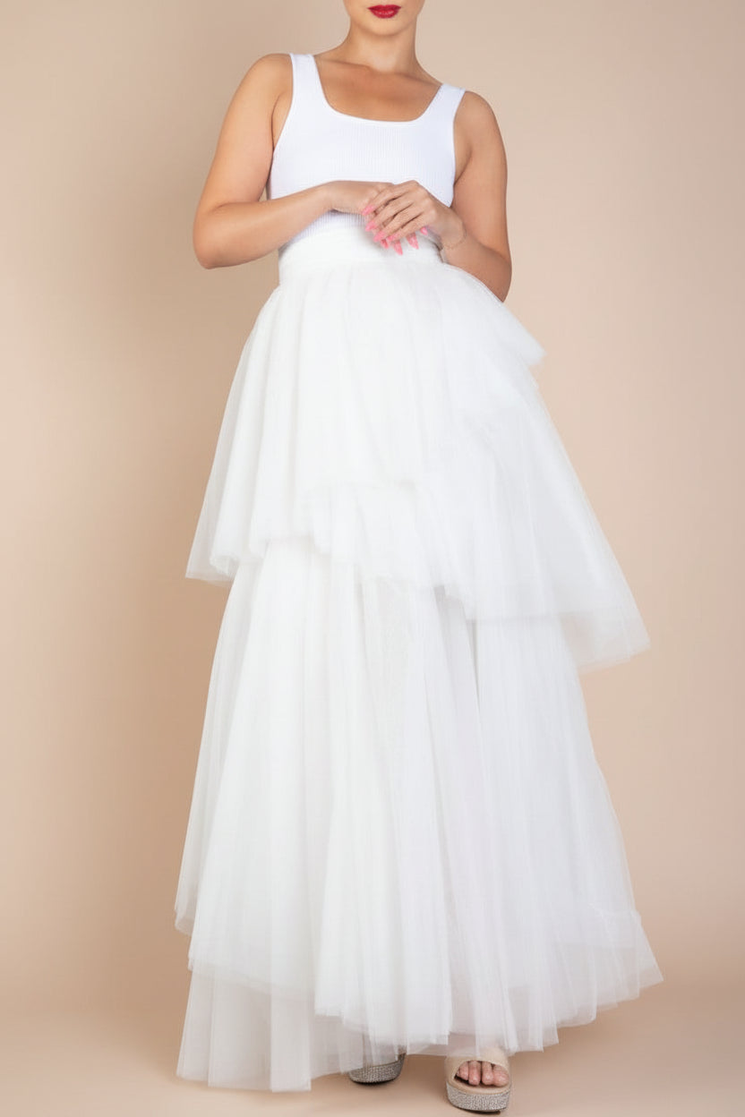 Frontview of a woman wearing Masako Maxi White Tulle Layered Skirt from Boudoir 1861