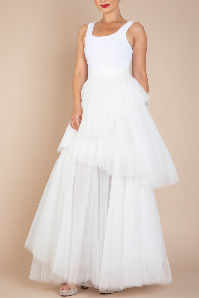 Frontview of a woman wearing Masako Maxi White Tulle Layered Skirt from Boudoir 1861