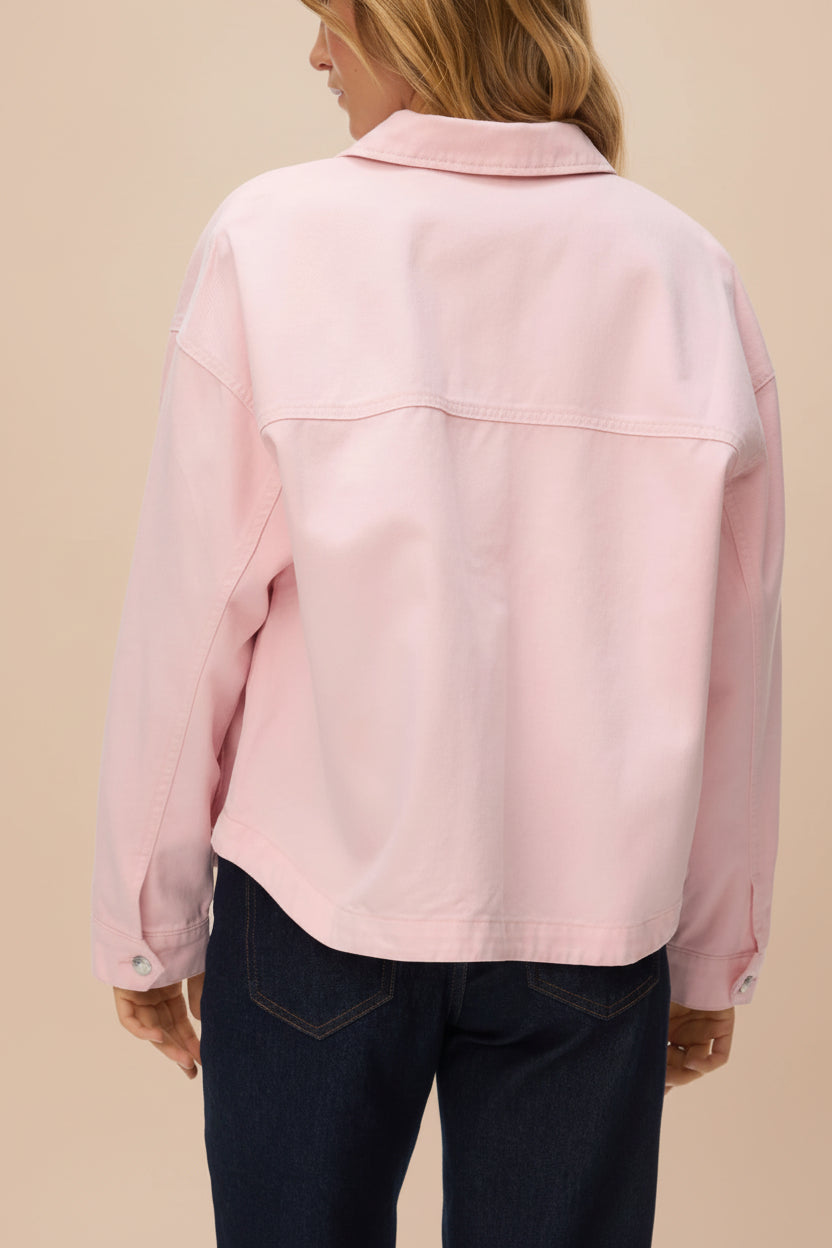 back of a woman wearing Matera Pink Denim Button-Up Jacket with Pockets from La petite garçonne
