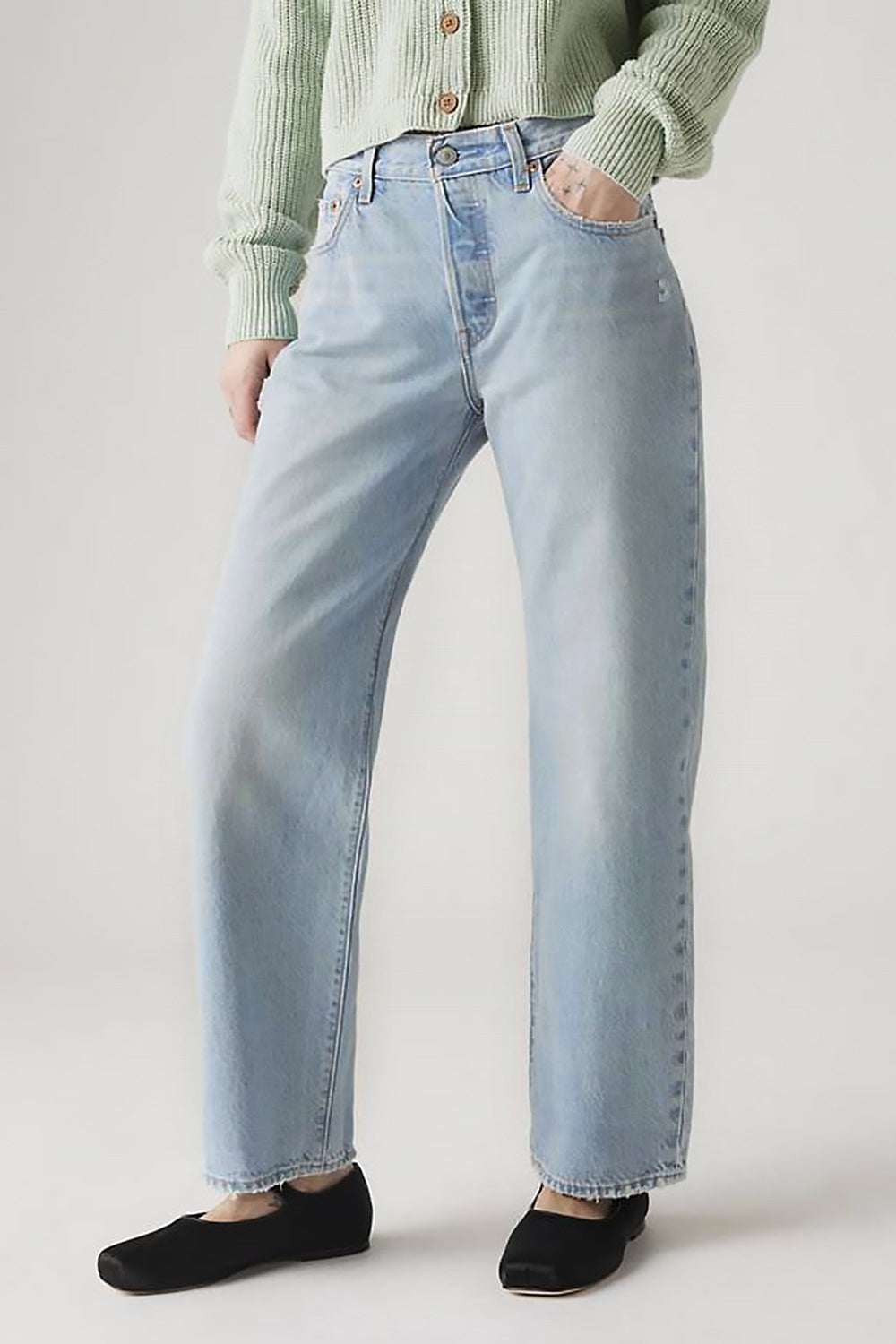 close-up of a woman wearing Matheran Light Blue Ankle Length Denim Pants from La petite garçonne
