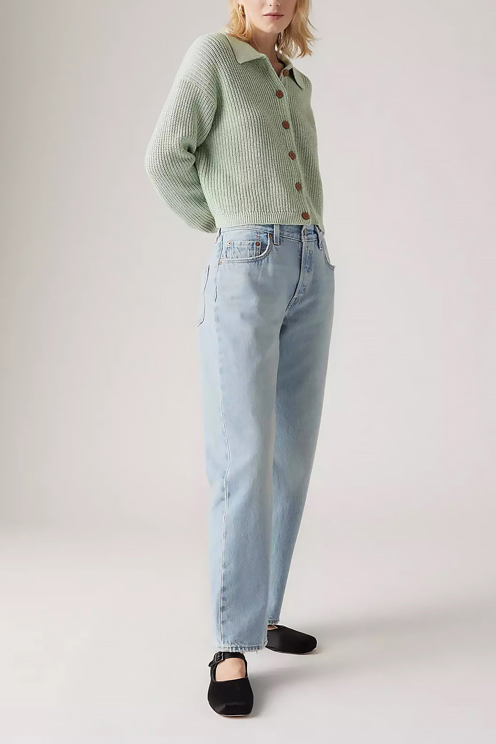 a woman wearing Matheran Light Blue Ankle Length Denim Pants from La petite garçonne