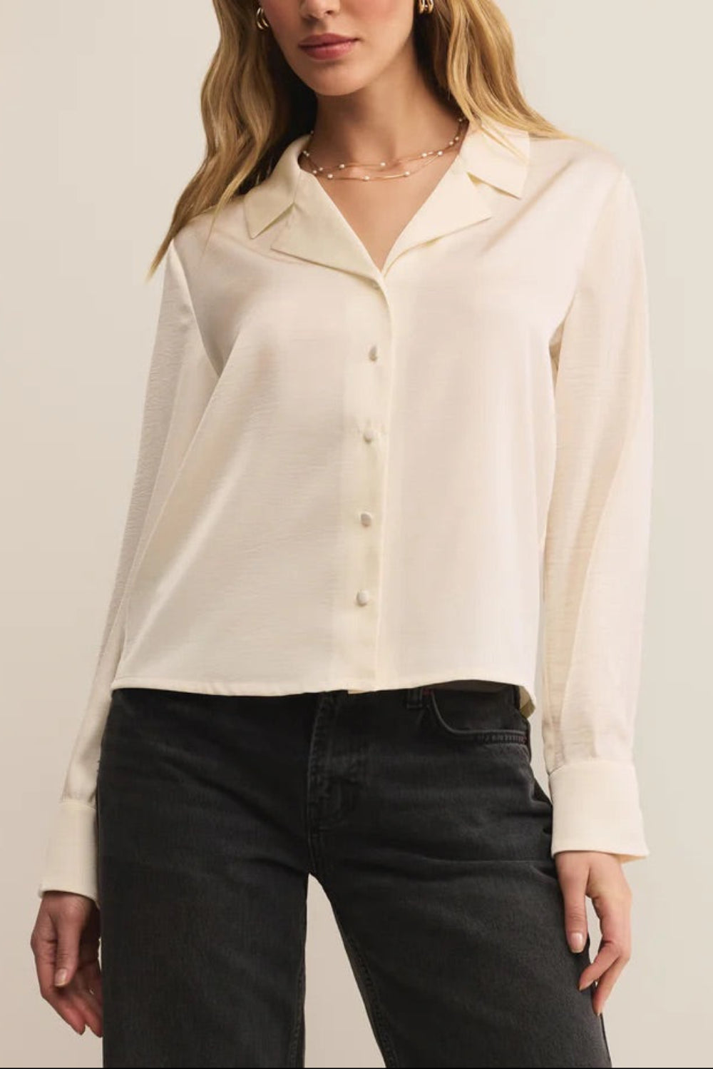 Medan Ivory Buttoned-Up Satin Blouse | La petite garçonne front model