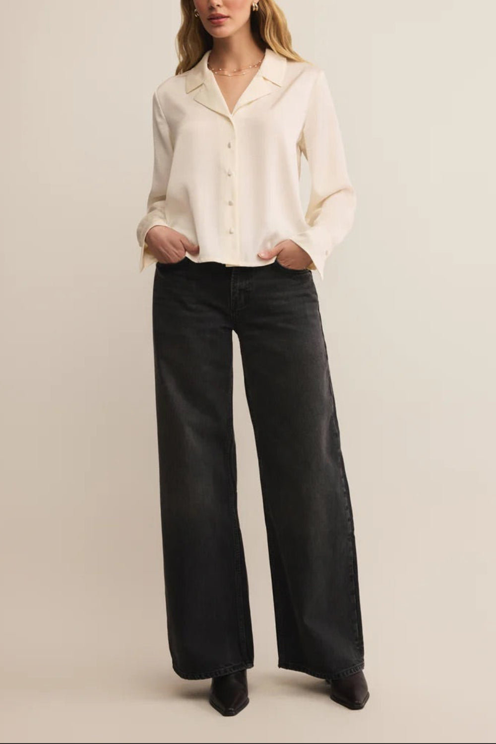 Medan Ivory Buttoned-Up Satin Blouse | La petite garçonne model
