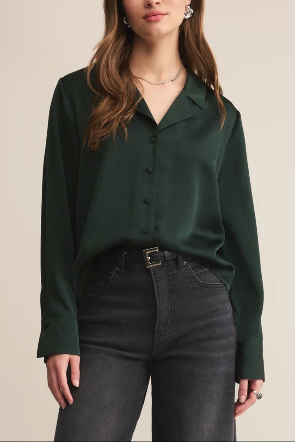 Medan Green Buttoned-Up Satin Blouse | La petite garçonne front model