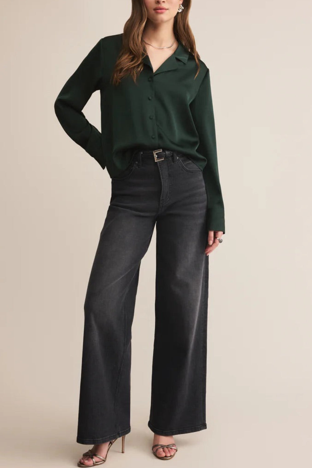 Medan Green Buttoned-Up Satin Blouse | La petite garçonne model