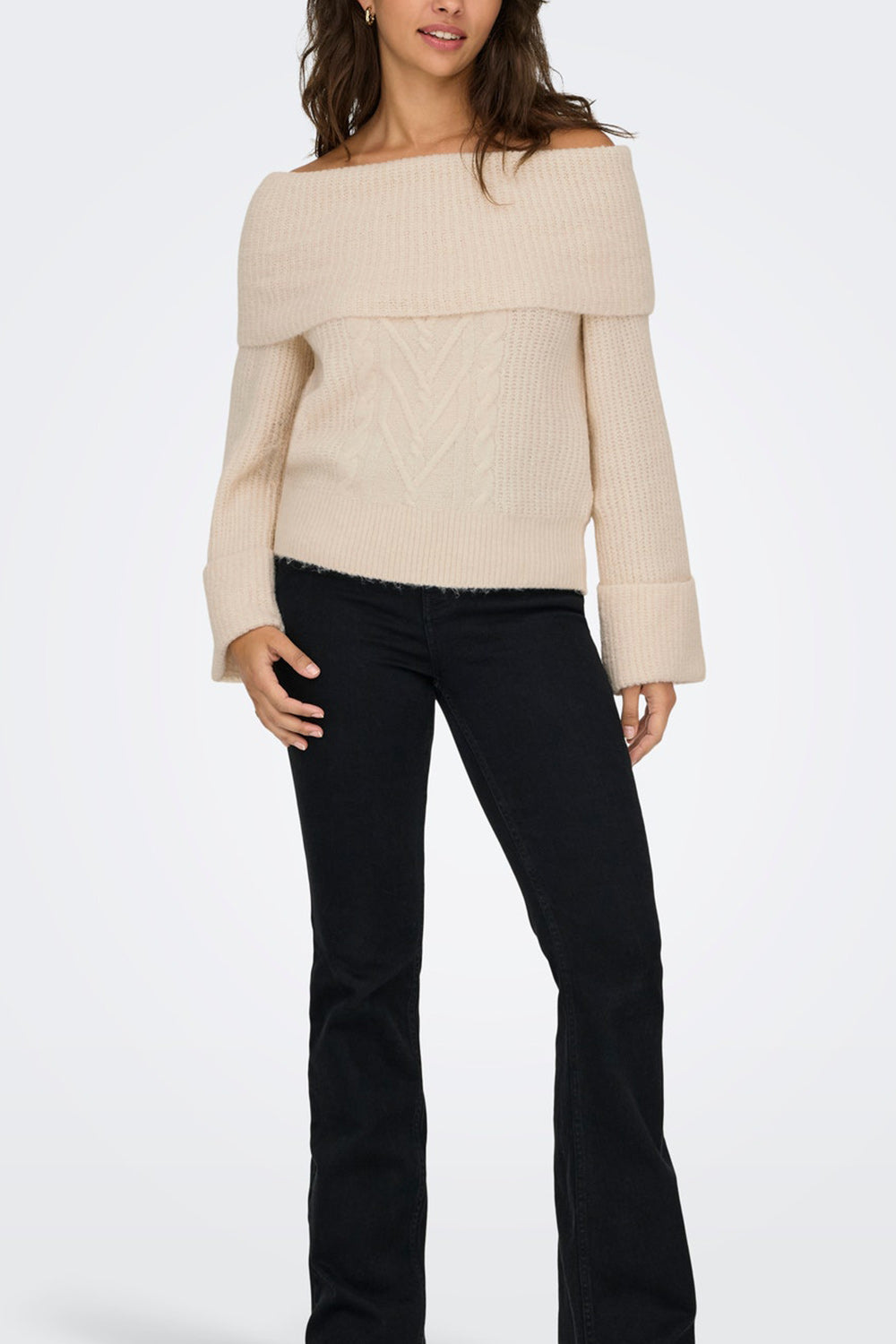 Merewyn Beige Knitted Off-Shoulder Top | La petite garçonne front model