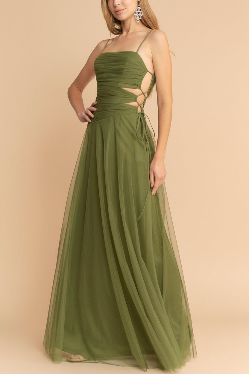 a woman wearing Micah Khaki Tulle Maxi Dress with Ruched Bodice and Side Cutouts from Boutique 1861