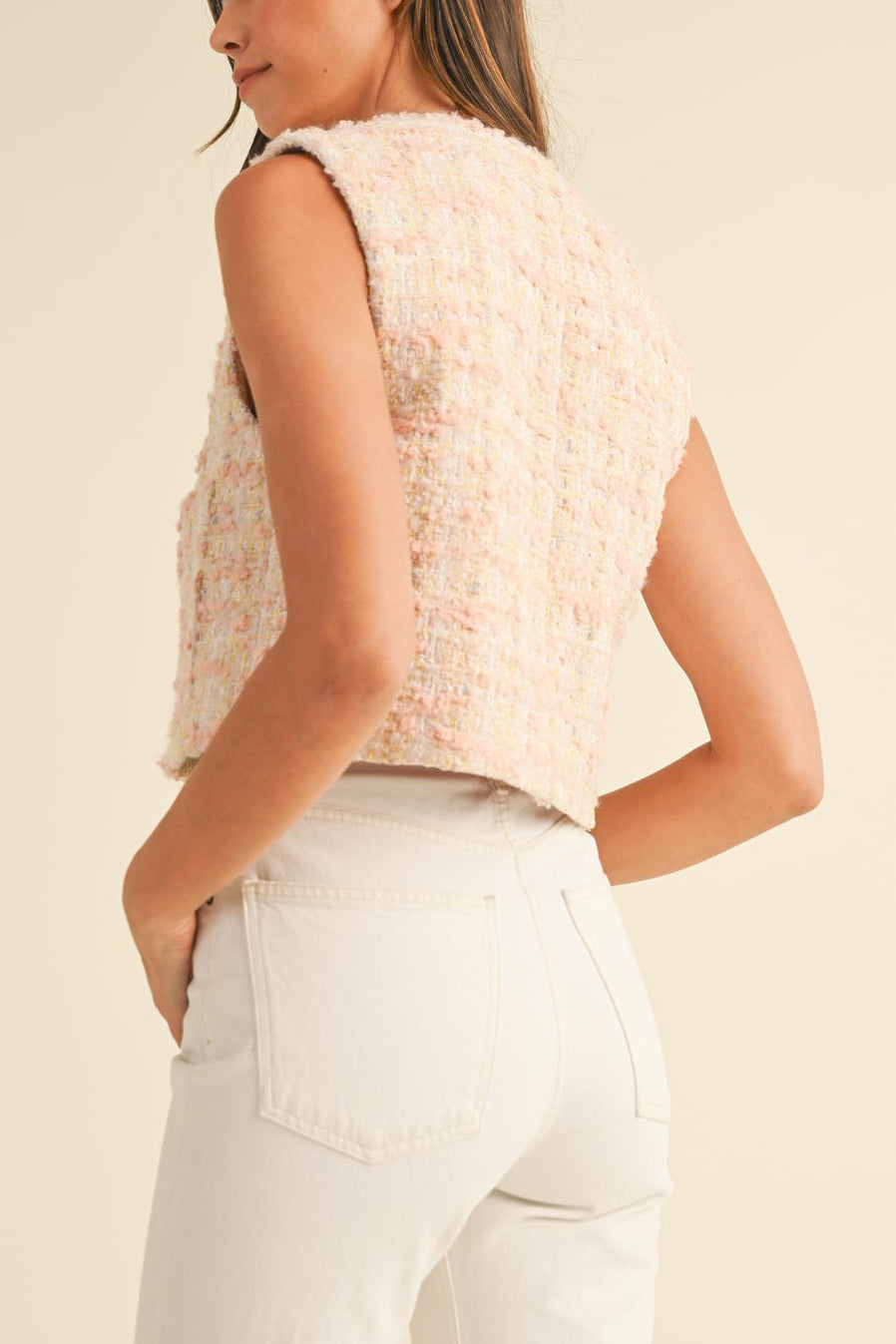 Franca Pink Tweed Sleeveless Top with Buttons | Boutique 1861 back model