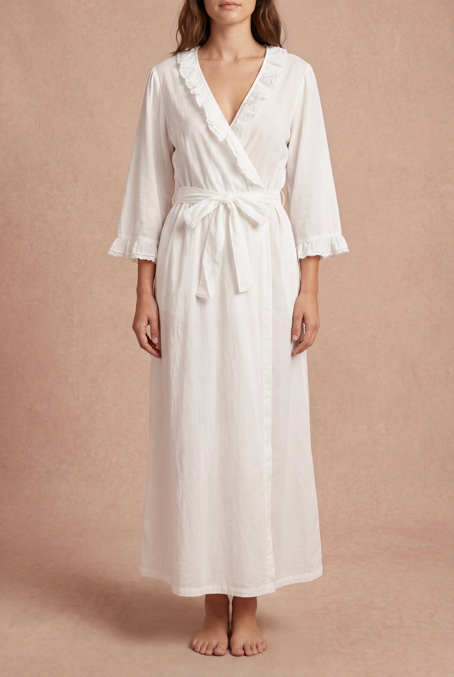 woman wearing Matilda White Dressing Gown with Pockets from Boutique 1861 