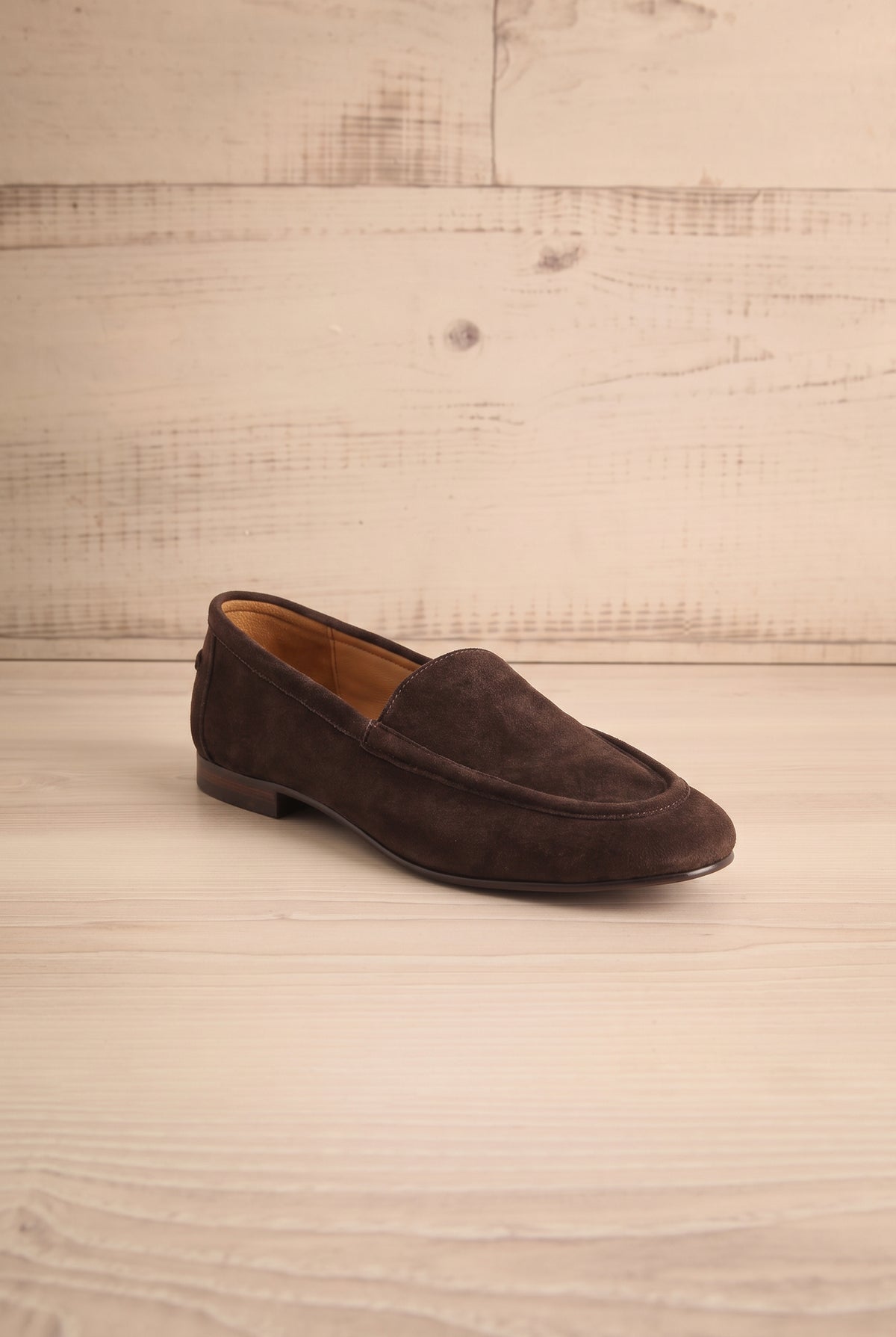 front view of Matty Brown Suede Round Toe Loafer Shoes at La petite garçonne