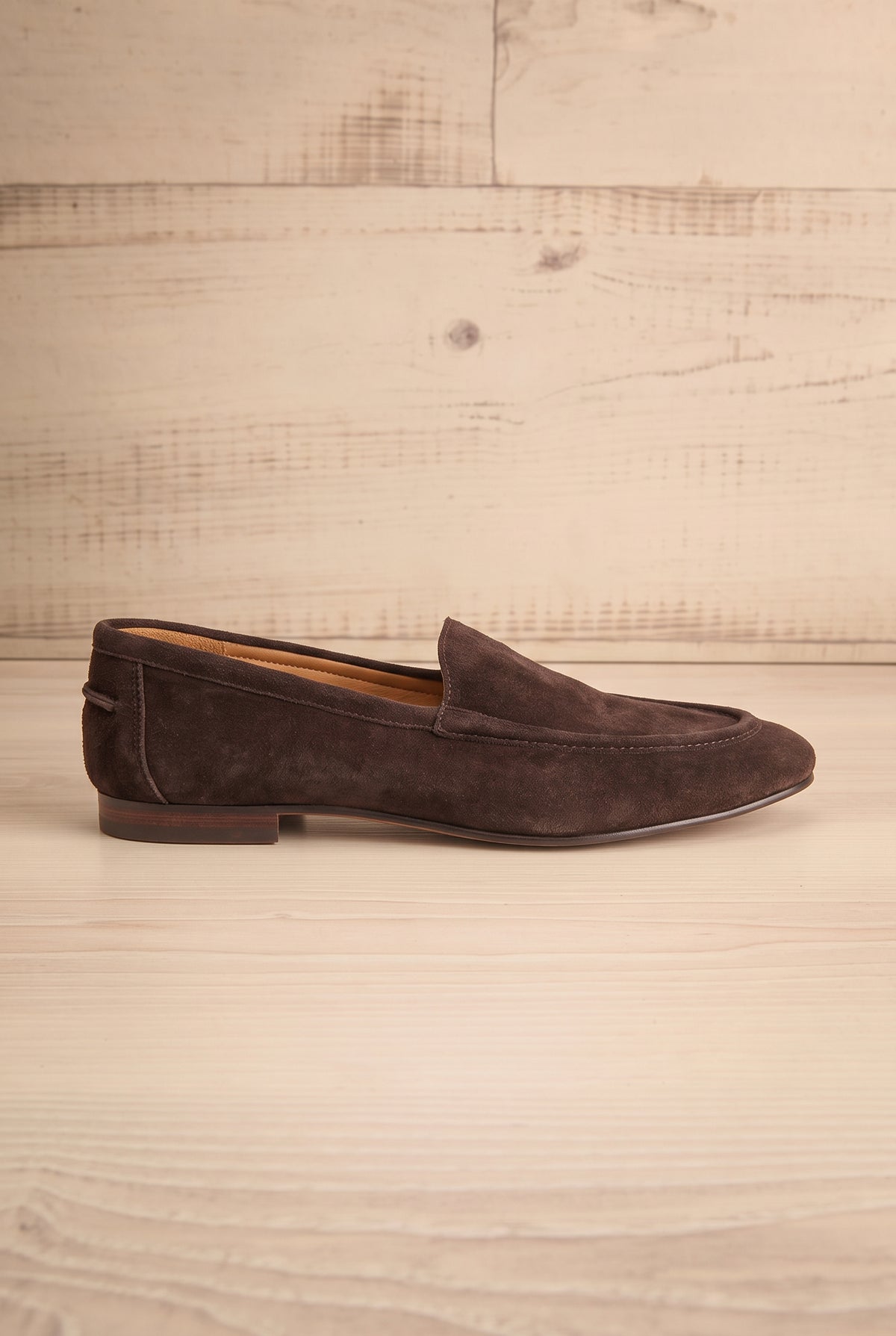side view of Matty Brown Suede Round Toe Loafer Shoes at La petite garçonne