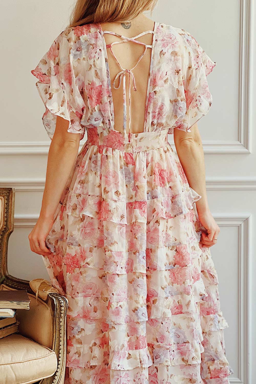 Megan Floral Maxi Dress w/ Ruffles | Boutique 1861 back on model