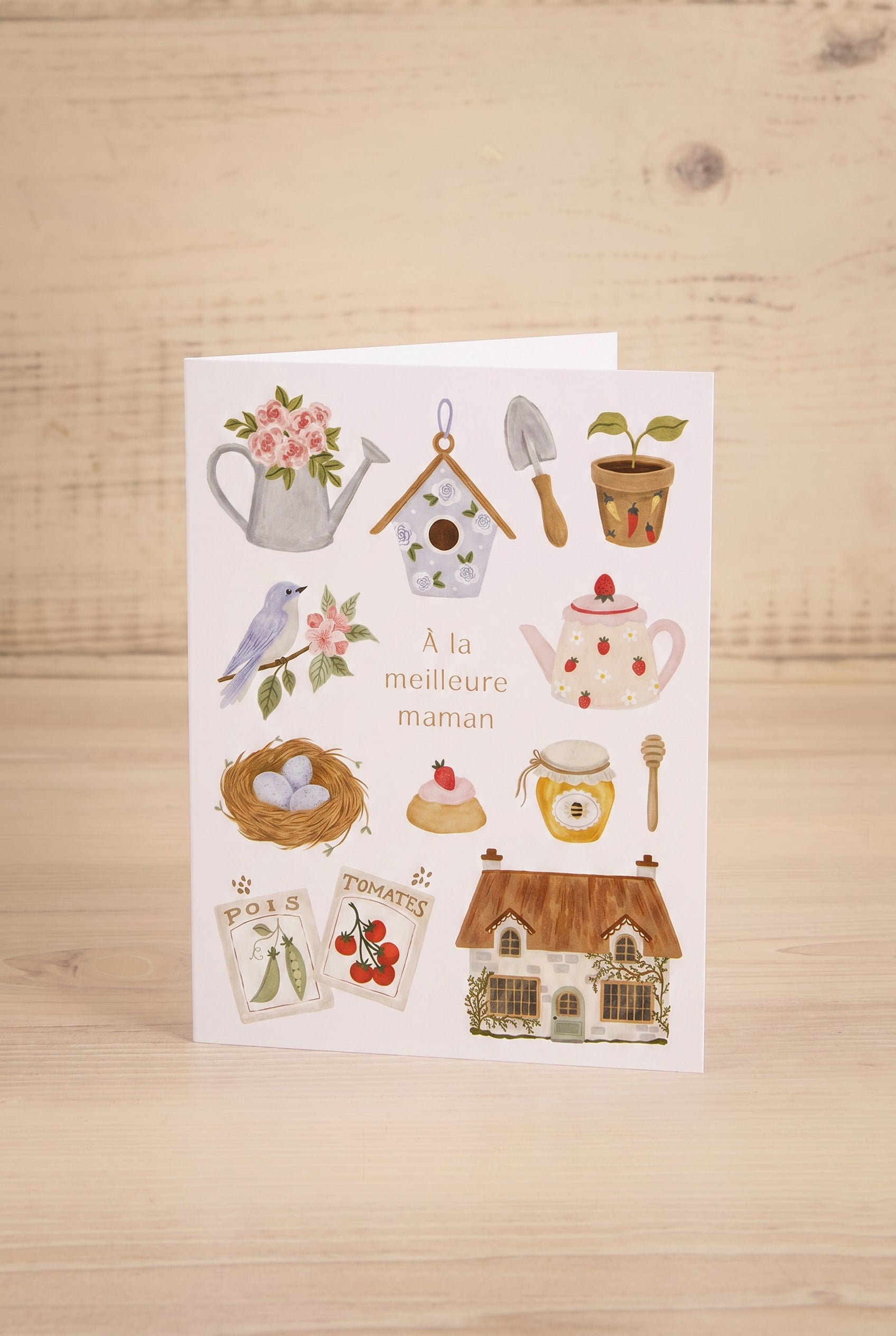 Frontview of a greeting card that says A LA MEILLEURE MAMAN illustration by Marie-Lise