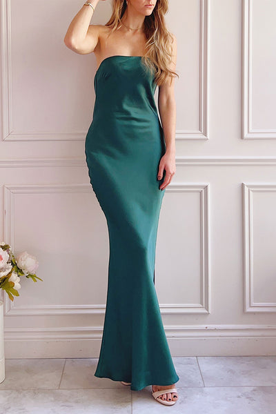 Melya Green Mermaid Maxi Dress w/ Open Back | Boutique 1861 on model