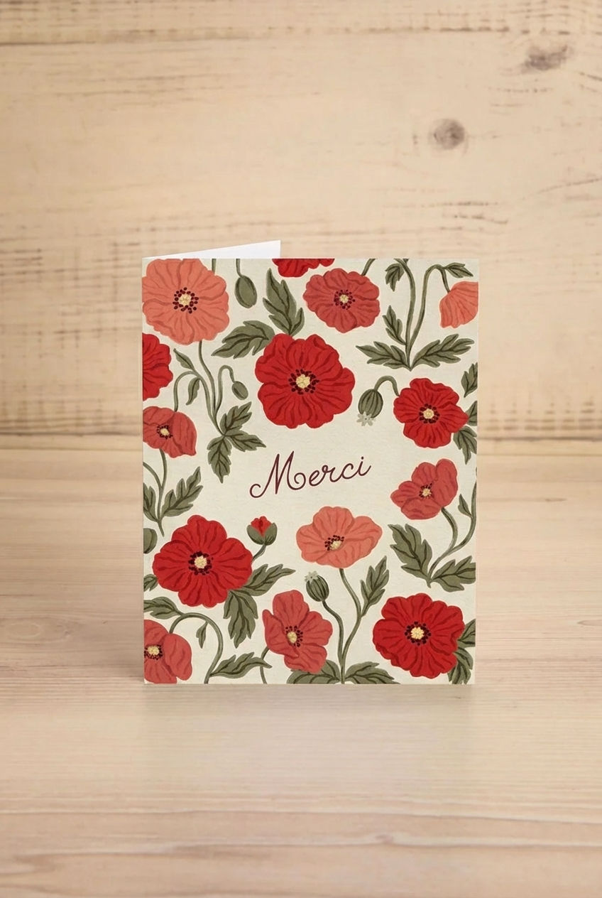 Poppies Floral card with red flowers and 'Merci' text from Marie Lise illustration