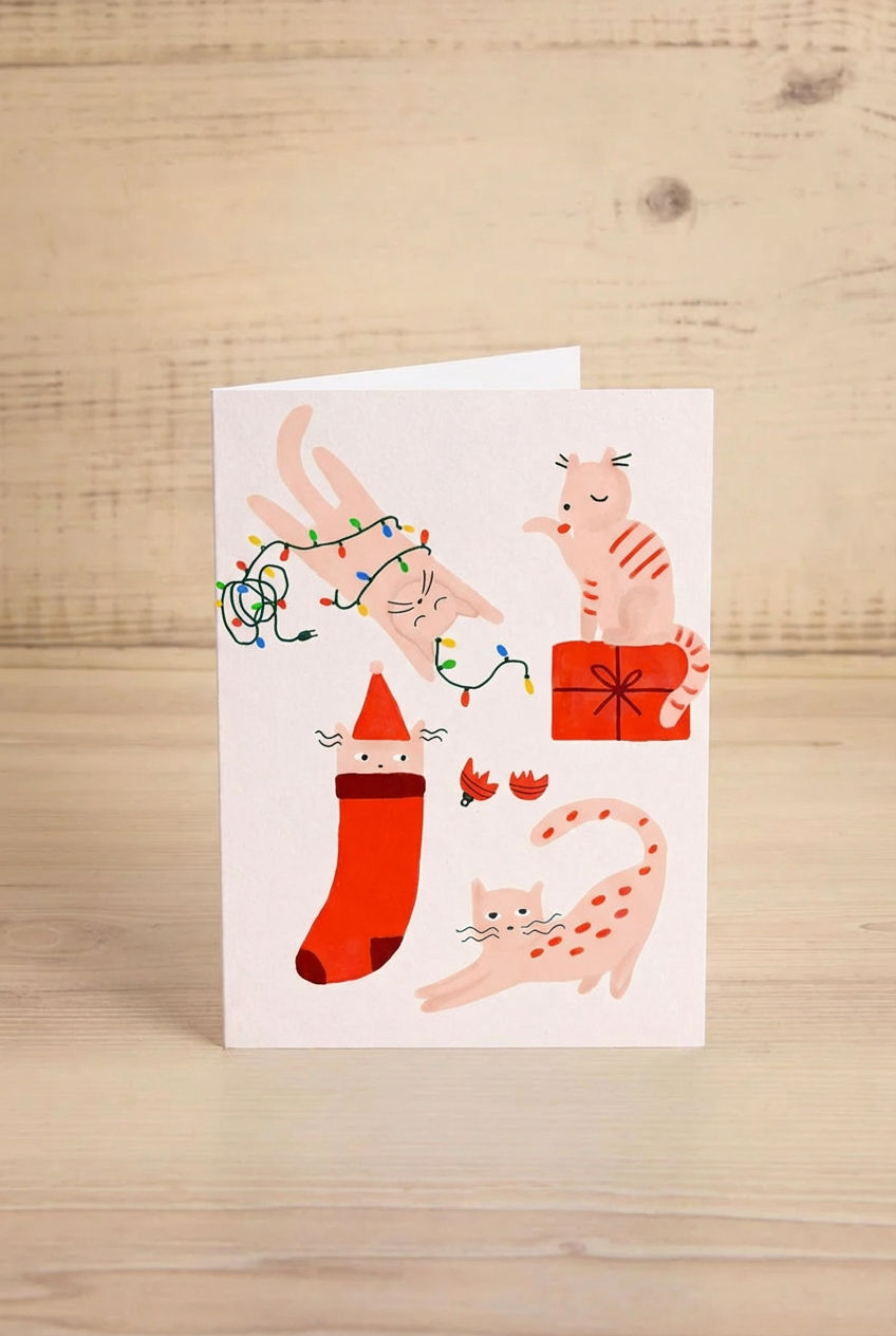 Illustrated card from Mimi and August with Christmas themed kitties on a white background