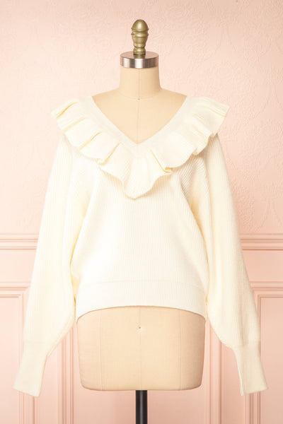 Miaro Ivory Ruffled V-Neck Knit Sweater | Boutique 1861 front view