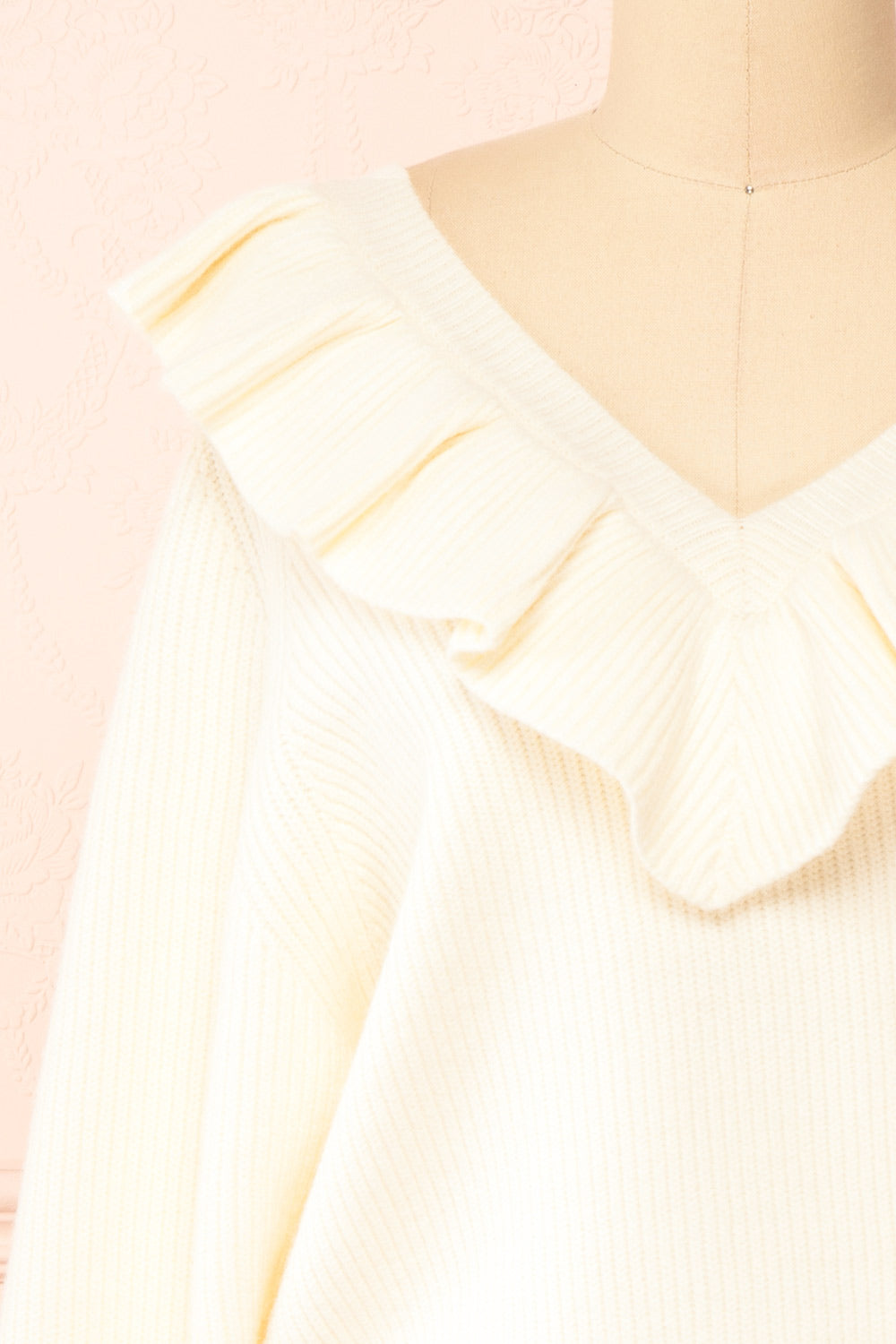 Miaro Ivory Ruffled V-Neck Knit Sweater | Boutique 1861 front close-up