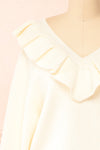 Miaro Ivory Ruffled V-Neck Knit Sweater | Boutique 1861 front close-up