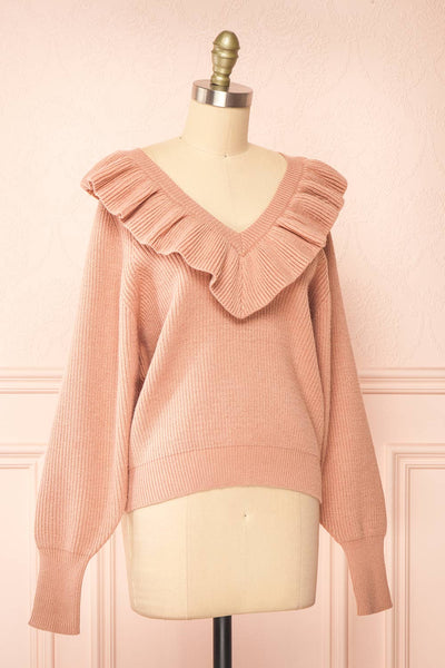 Miaro Pink Ruffled V-Neck Knit Sweater | Boutique 1861 side view