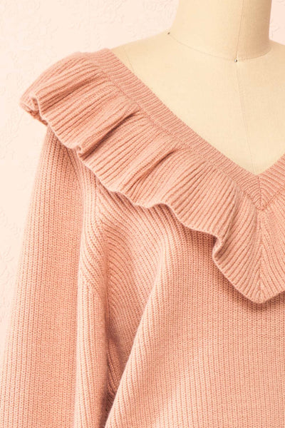 Miaro Pink Ruffled V-Neck Knit Sweater | Boutique 1861 side close-up