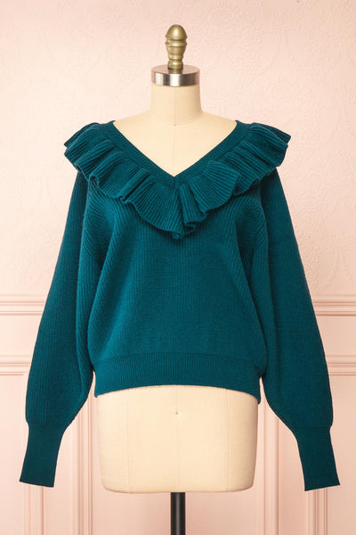 Miaro Teal Ruffled V-Neck Knit Sweater | Boutique 1861 front view