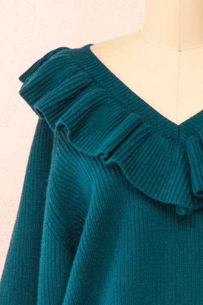 Miaro Teal Ruffled V-Neck Knit Sweater | Boutique 1861 front close-up