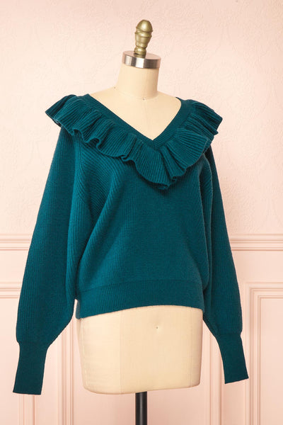 Miaro Teal Ruffled V-Neck Knit Sweater | Boutique 1861 side view