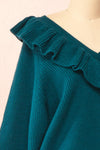 Miaro Teal Ruffled V-Neck Knit Sweater | Boutique 1861 side close-up