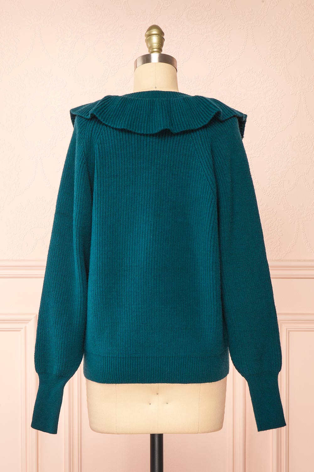 Miaro Teal Ruffled V-Neck Knit Sweater | Boutique 1861 back view